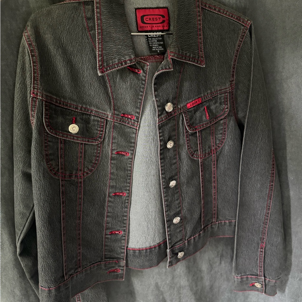 Crest Black Denim Jacket with Red Accents
